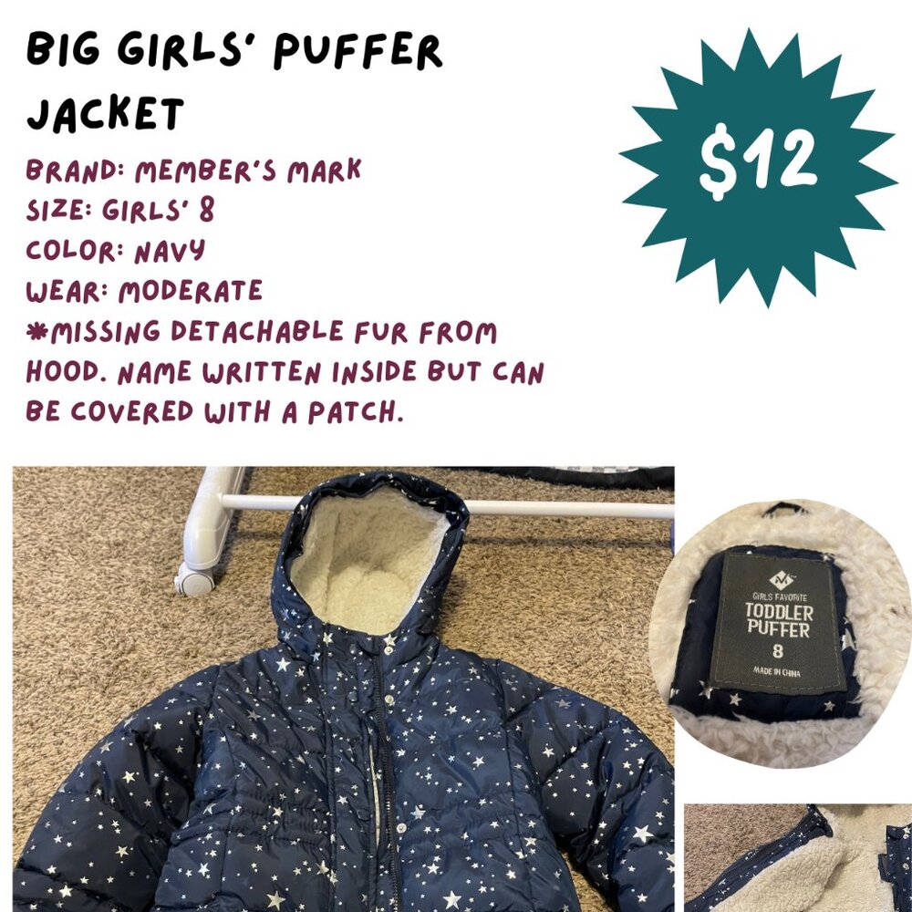 Girls' Navy with Stars Puffer Jacket with Hood, Size 8, Member's Mark